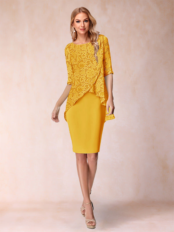 Sheath/Column Scoop Half Sleeves 2 Pieces Mother of the Bride Dress with Applique