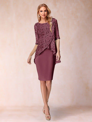 Sheath/Column Scoop Half Sleeves 2 Pieces Mother of the Bride Dress with Applique