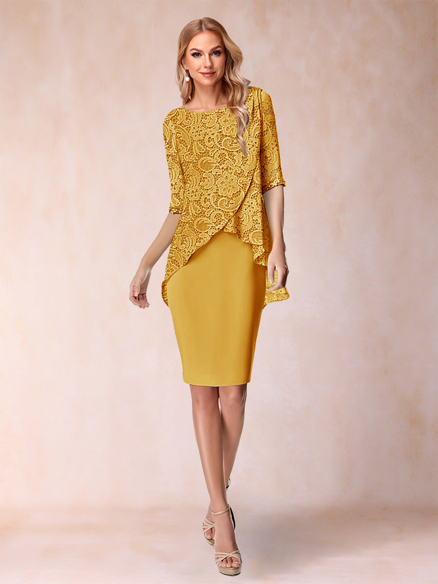 Sheath/Column Scoop Half Sleeves 2 Pieces Mother of the Bride Dress with Applique