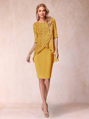 Sheath/Column Scoop Half Sleeves 2 Pieces Mother of the Bride Dress with Applique