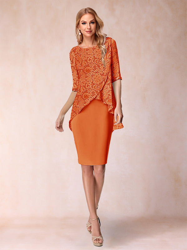 Sheath/Column Scoop Half Sleeves 2 Pieces Mother of the Bride Dress with Applique