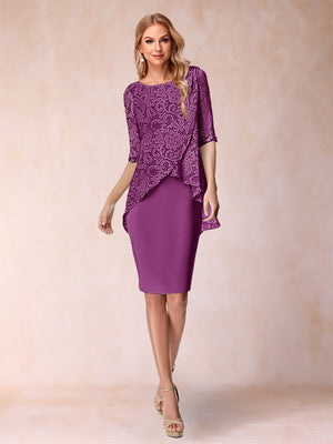 Sheath/Column Scoop Half Sleeves 2 Pieces Mother of the Bride Dress with Applique