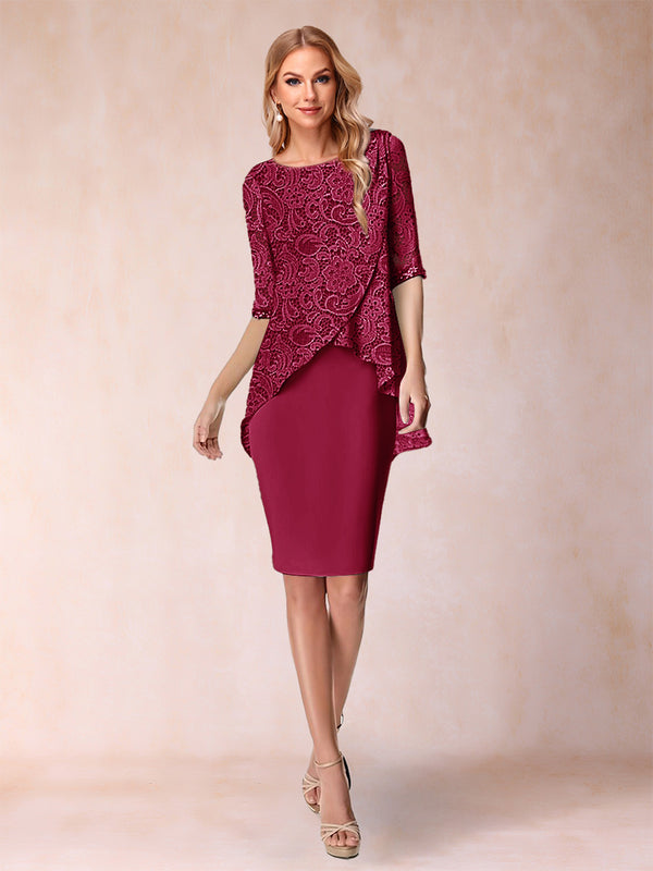 Sheath/Column Scoop Half Sleeves 2 Pieces Mother of the Bride Dress with Applique