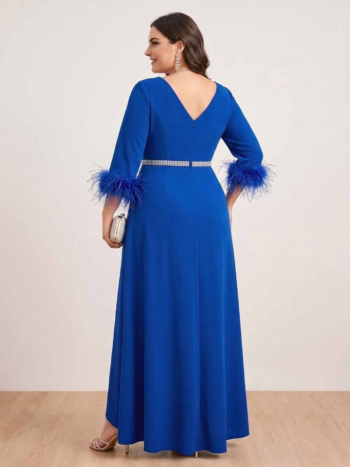 A-Line/Princess V-Neck Half Sleeves Plus Size Mother of the Bride Dresses with Sash