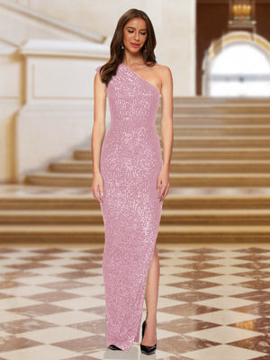 Sheath/Column One-Shoulder Sleeveless Evening Dresses with Split Side