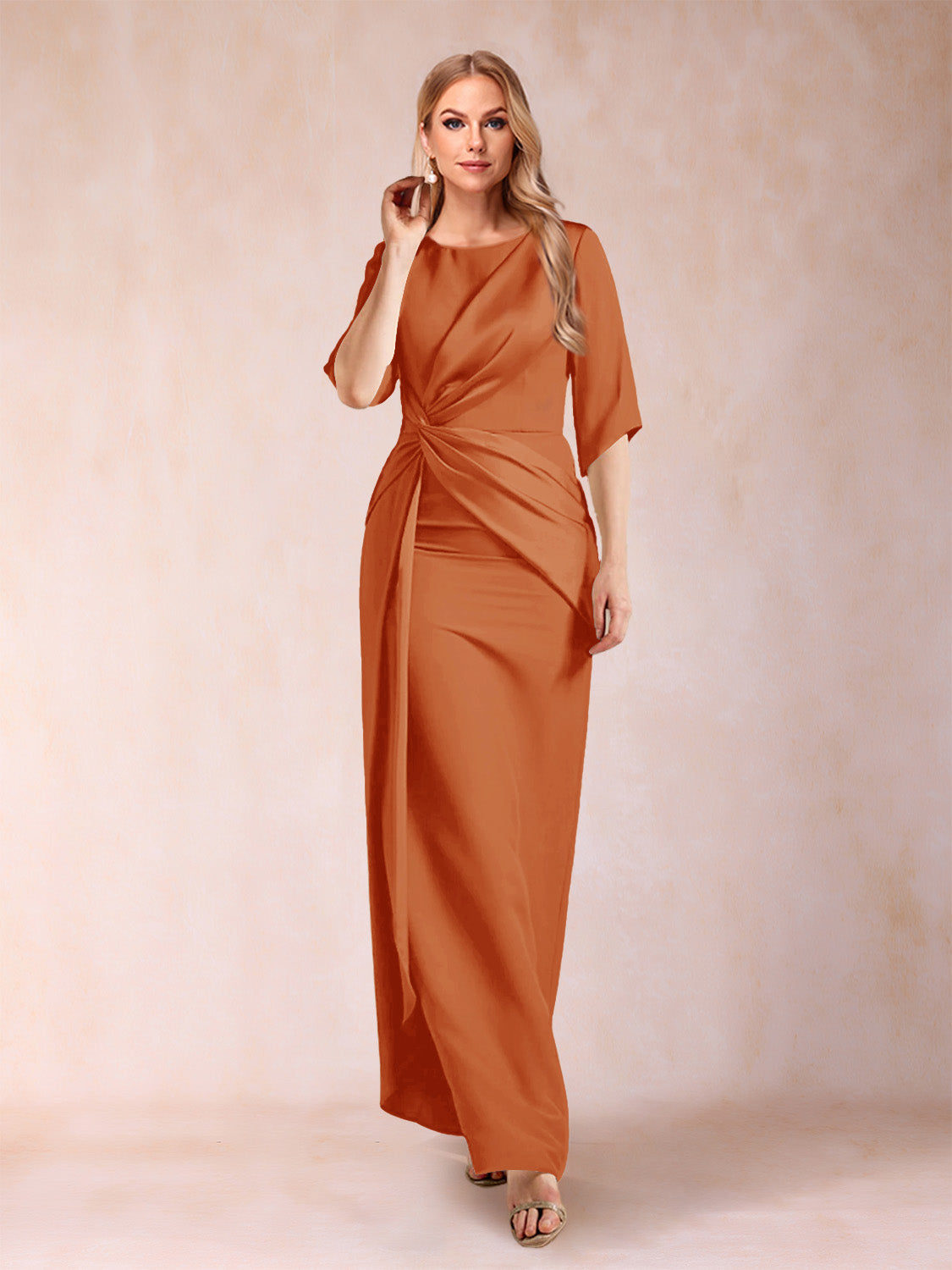 Sheath/Column Scoop Half Sleeves Mother of the Bride Dresses with Ruched