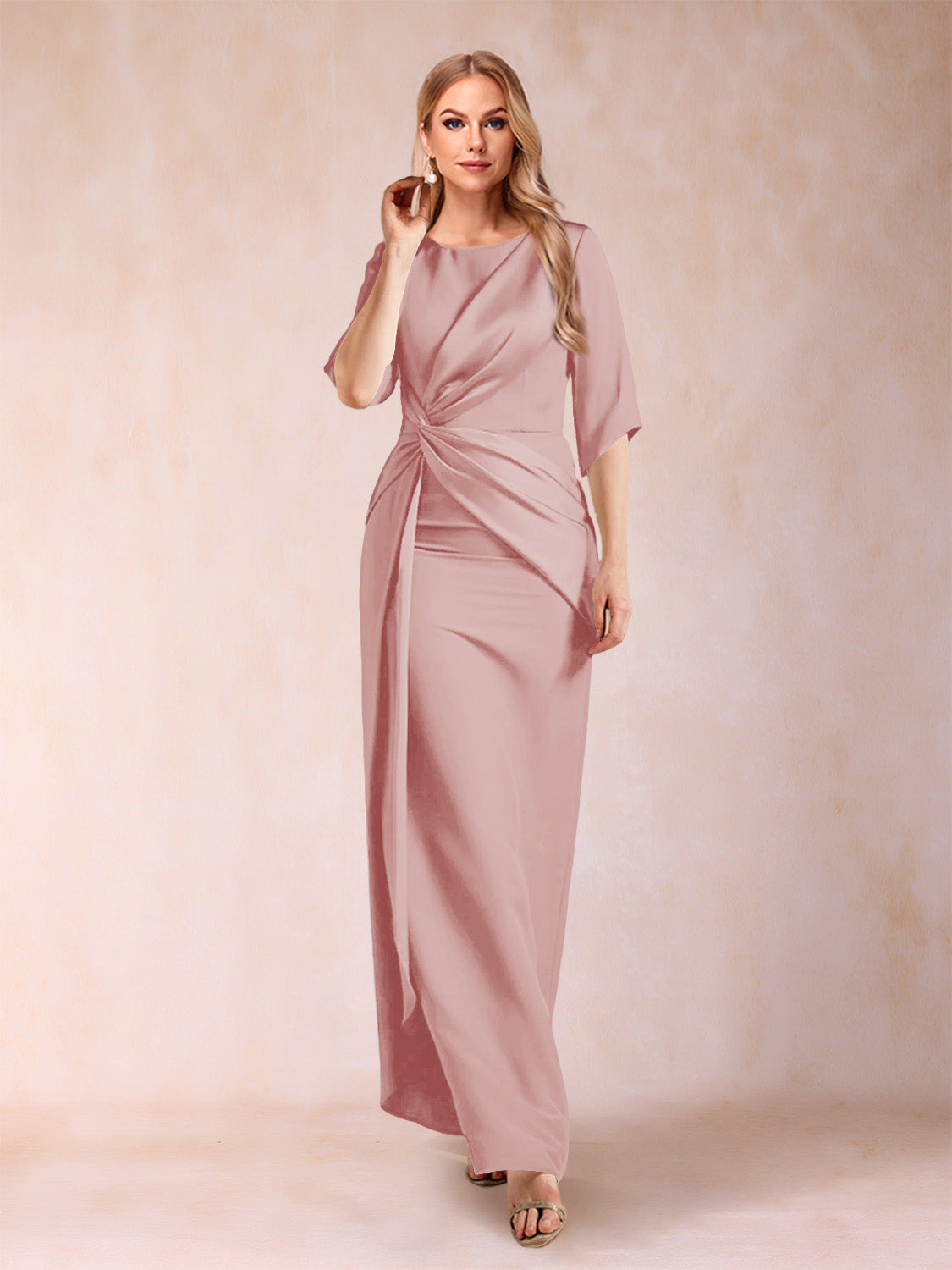 Sheath/Column Scoop Half Sleeves Mother of the Bride Dresses with Ruched