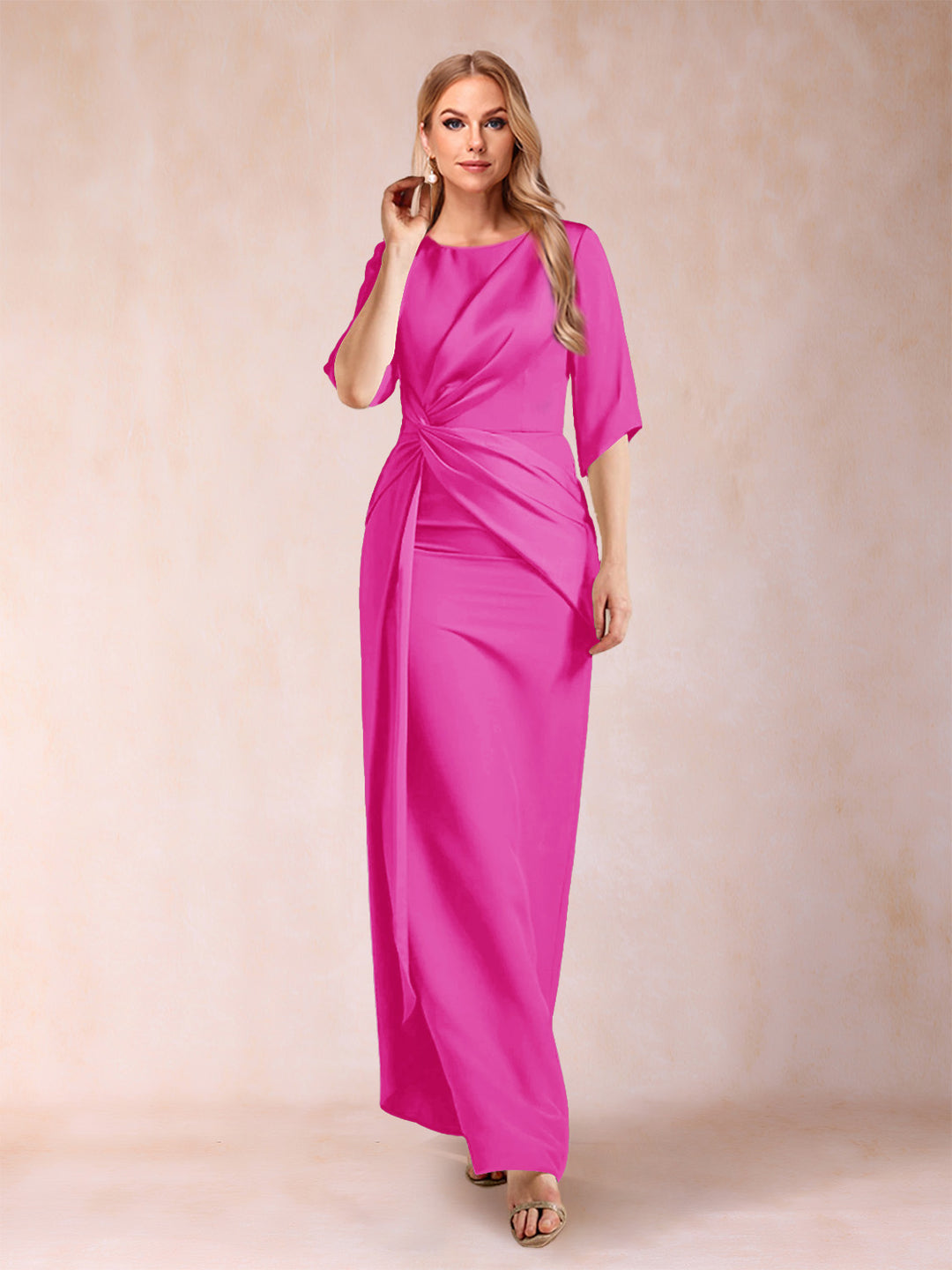 Sheath/Column Scoop Half Sleeves Mother of the Bride Dresses with Ruched