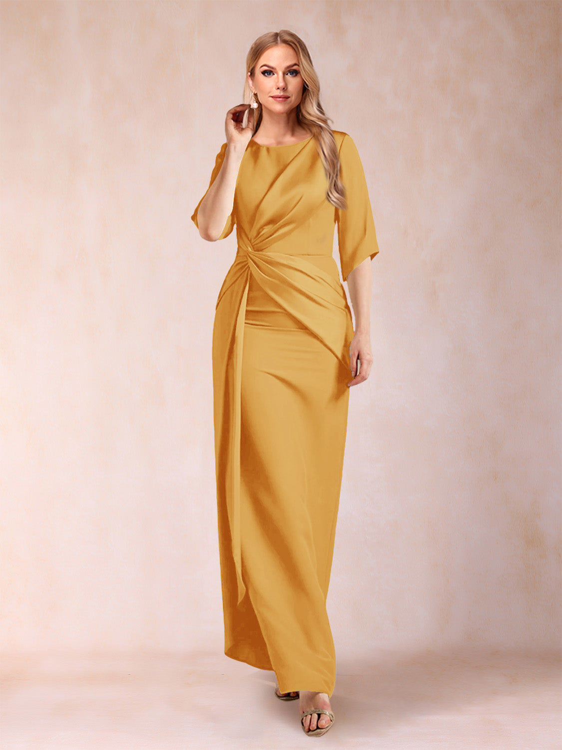 Sheath/Column Scoop Half Sleeves Mother of the Bride Dresses with Ruched