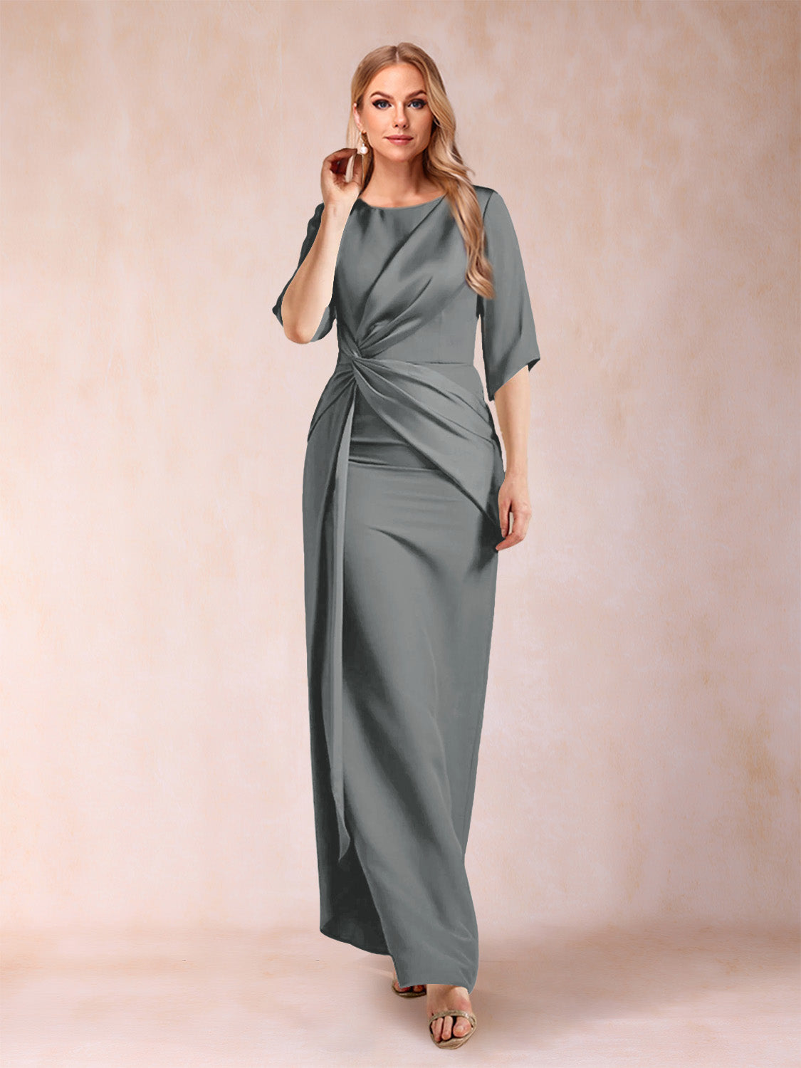 Sheath/Column Scoop Half Sleeves Mother of the Bride Dresses with Ruched