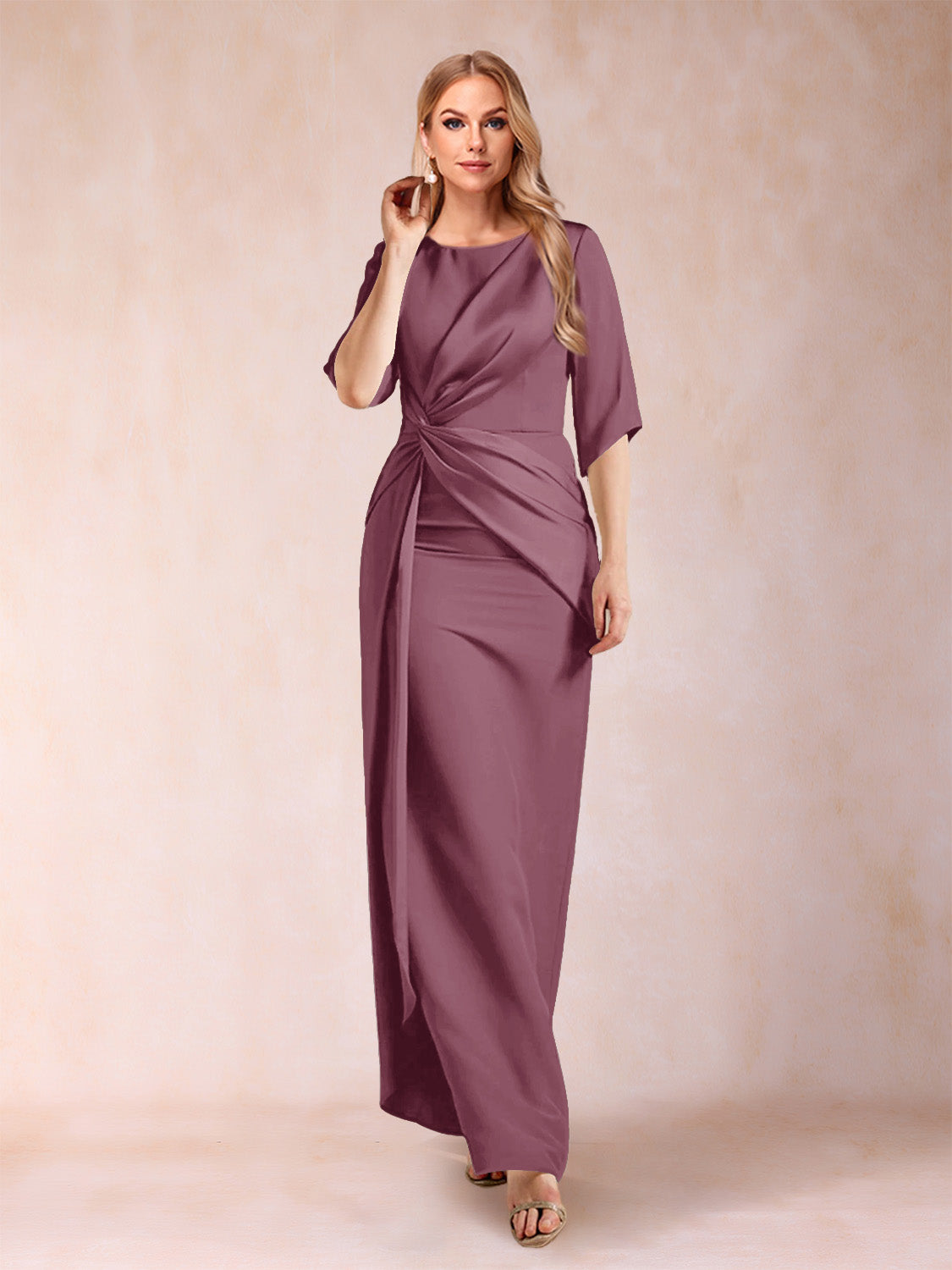 Sheath/Column Scoop Half Sleeves Mother of the Bride Dresses with Ruched