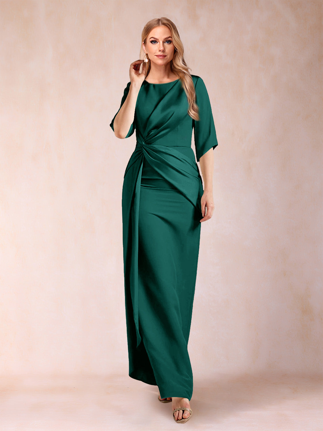 Sheath/Column Scoop Half Sleeves Mother of the Bride Dresses with Ruched