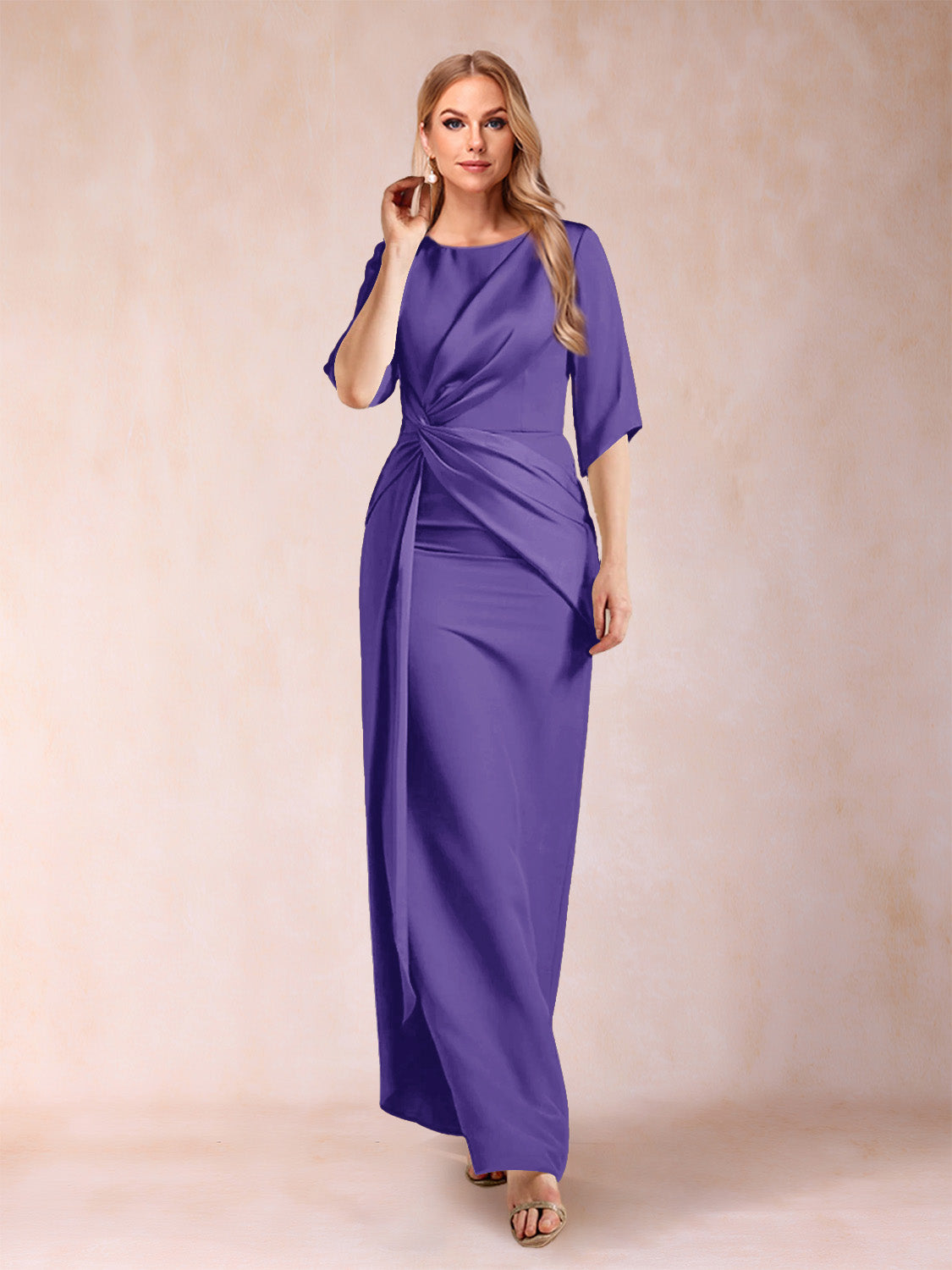 Sheath/Column Scoop Half Sleeves Mother of the Bride Dresses with Ruched