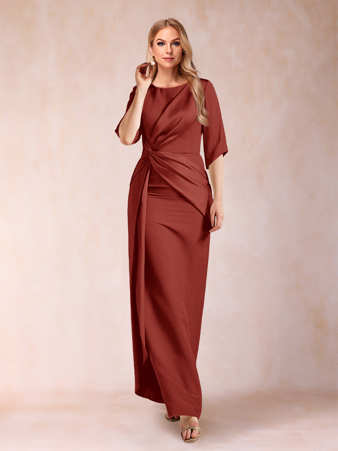 Sheath/Column Scoop Half Sleeves Mother of the Bride Dresses with Ruched