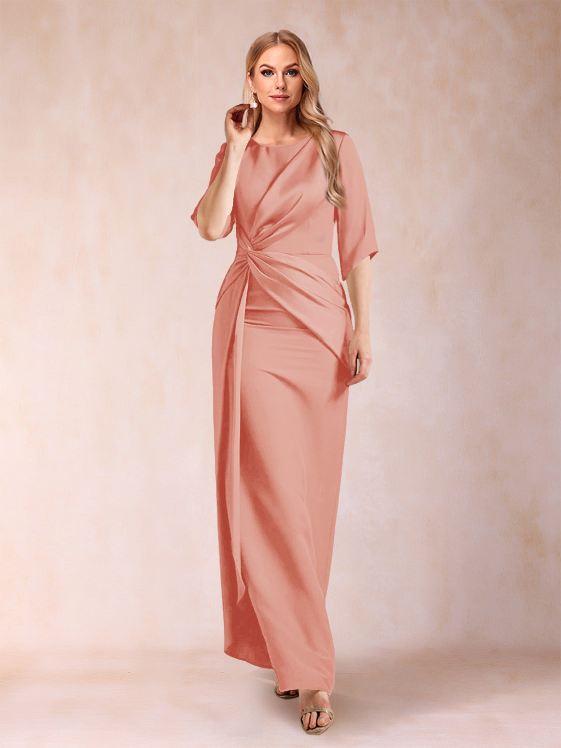 Sheath/Column Scoop Half Sleeves Mother of the Bride Dresses with Ruched