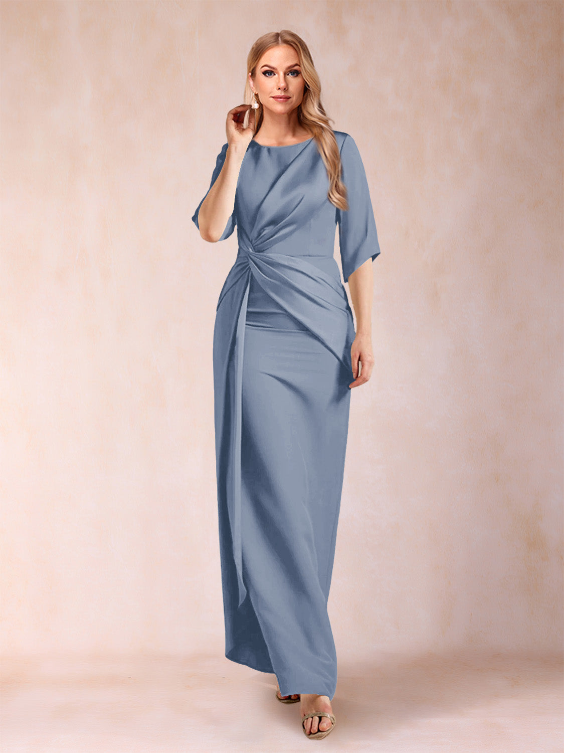 Sheath/Column Scoop Half Sleeves Mother of the Bride Dresses with Ruched