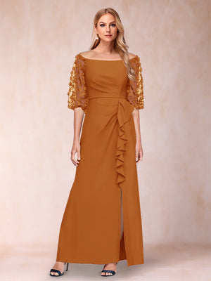 Lavetir Burnt Orange Sheath/Column Off-the-Shoulder Half Sleeves Mother of the Bride Dresses with Applique 2026 Lavetir Burnt Orange Sheath/Column Off-the-Shoulder Half Sleeves Mother of the Bride Dresses with Applique 2026