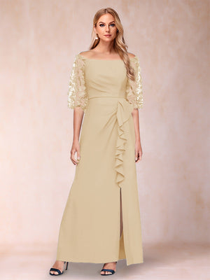 Sheath/Column Off-the-Shoulder Half Sleeves Mother of the Bride Dresses with Applique