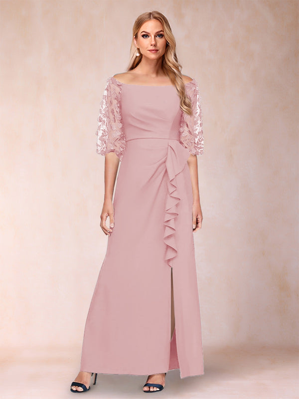Sheath/Column Off-the-Shoulder Half Sleeves Mother of the Bride Dresses with Applique
