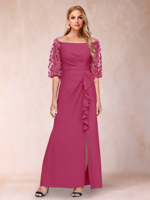 Sheath/Column Off-the-Shoulder Half Sleeves Mother of the Bride Dresses with Applique