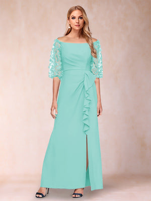 Sheath/Column Off-the-Shoulder Half Sleeves Mother of the Bride Dresses with Applique