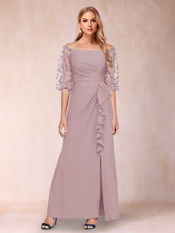 Sheath/Column Off-the-Shoulder Half Sleeves Mother of the Bride Dresses with Applique