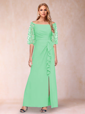 Sheath/Column Off-the-Shoulder Half Sleeves Mother of the Bride Dresses with Applique