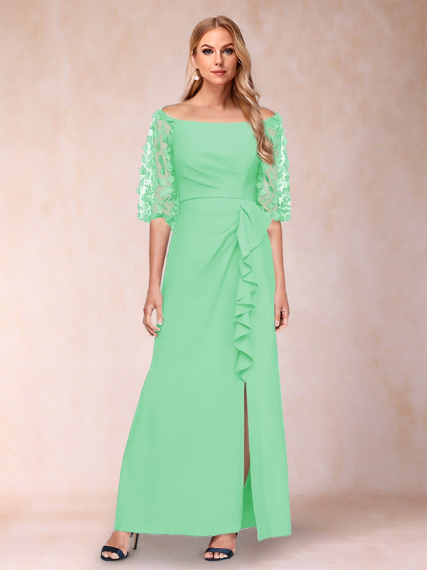 Sheath/Column Off-the-Shoulder Half Sleeves Mother of the Bride Dresses with Applique