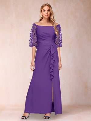 Sheath/Column Off-the-Shoulder Half Sleeves Mother of the Bride Dresses with Applique