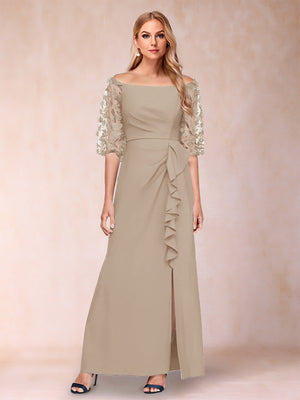 Sheath/Column Off-the-Shoulder Half Sleeves Mother of the Bride Dresses with Applique