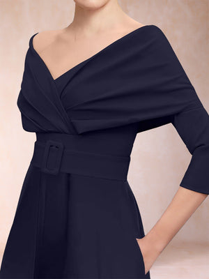 A-Line/Princess V-Neck 3/4 Sleeves Jumpsuits with Belt