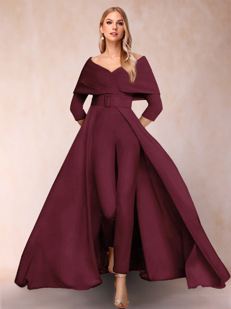 A-Line/Princess V-Neck 3/4 Sleeves 2 Pieces Pantsuits with Belt