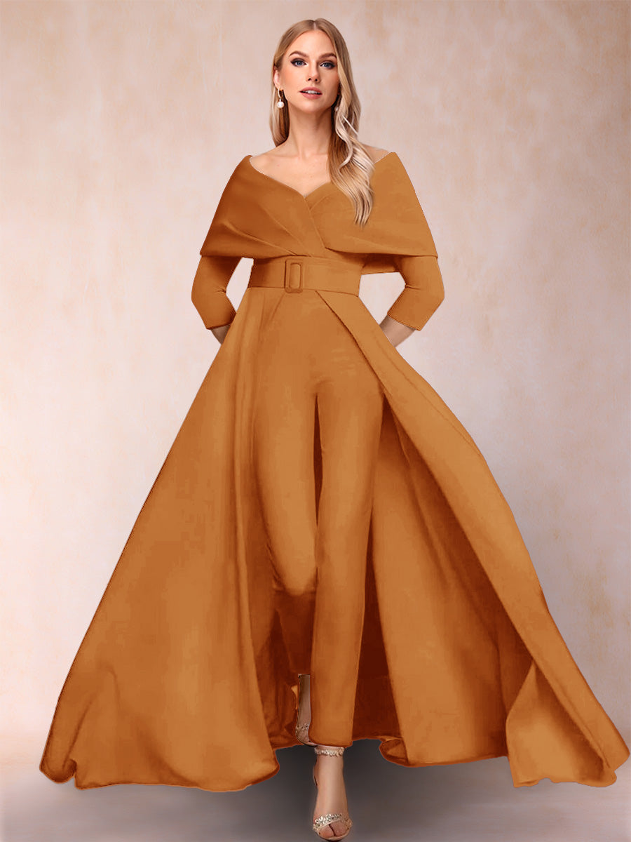 A-Line/Princess V-Neck 3/4 Sleeves 2 Pieces Pantsuits with Belt