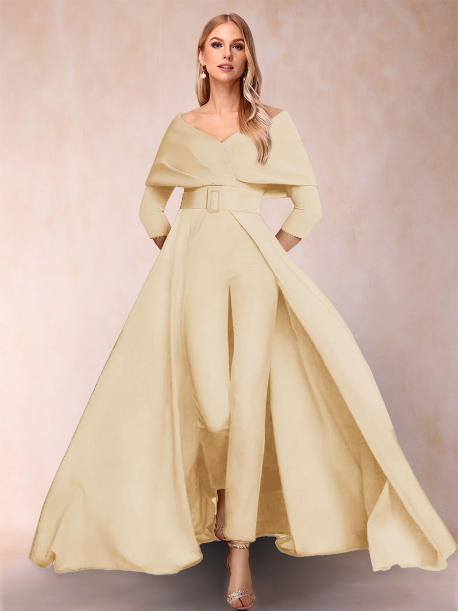 A-Line/Princess V-Neck 3/4 Sleeves 2 Pieces Pantsuits with Belt