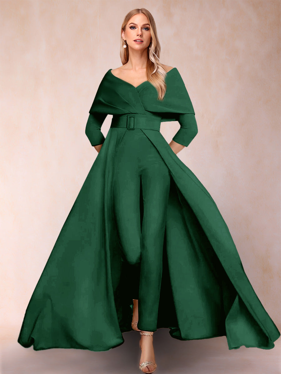 A-Line/Princess V-Neck 3/4 Sleeves 2 Pieces Pantsuits with Belt