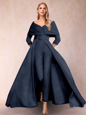 A-Line/Princess V-Neck 3/4 Sleeves Jumpsuits with Belt