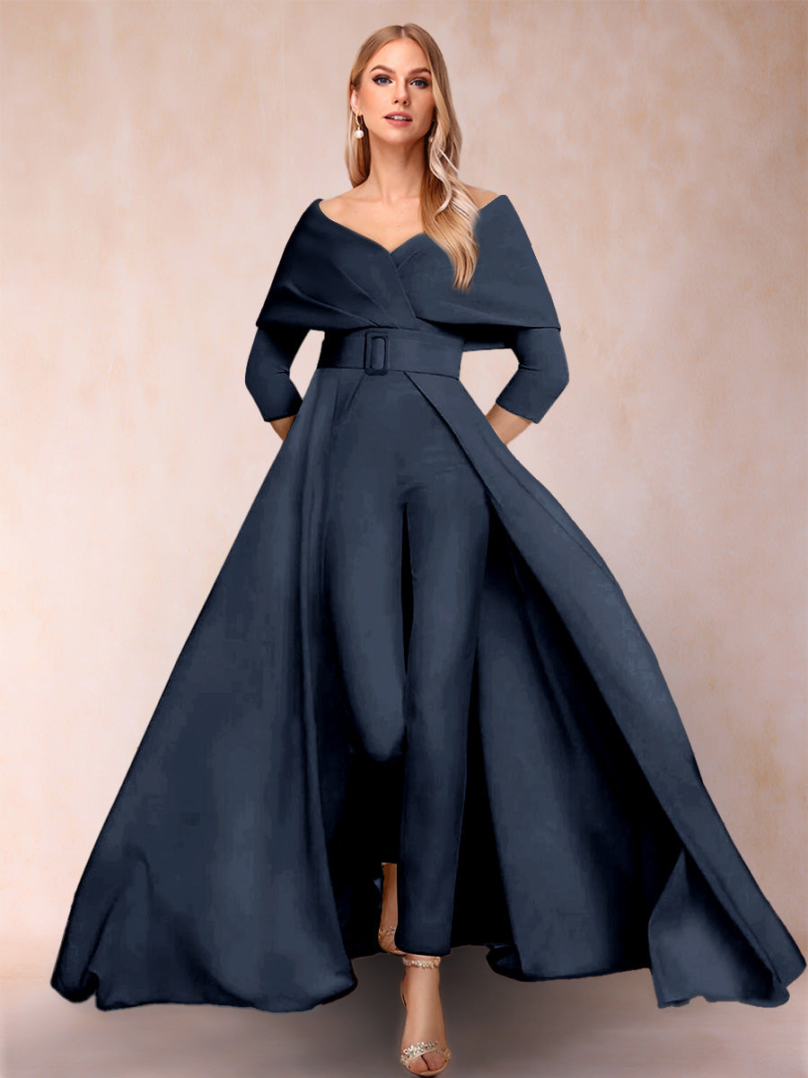 A-Line/Princess V-Neck 3/4 Sleeves 2 Pieces Pantsuits with Belt