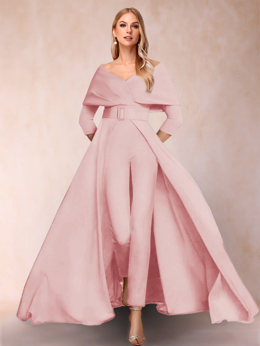 A-Line/Princess V-Neck 3/4 Sleeves 2 Pieces Pantsuits with Belt