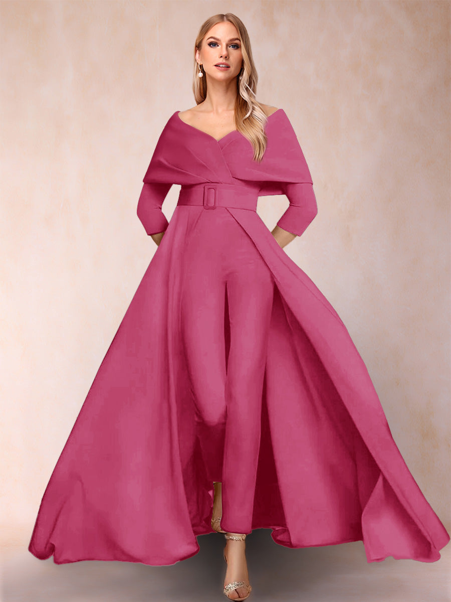 A-Line/Princess V-Neck 3/4 Sleeves 2 Pieces Pantsuits with Belt