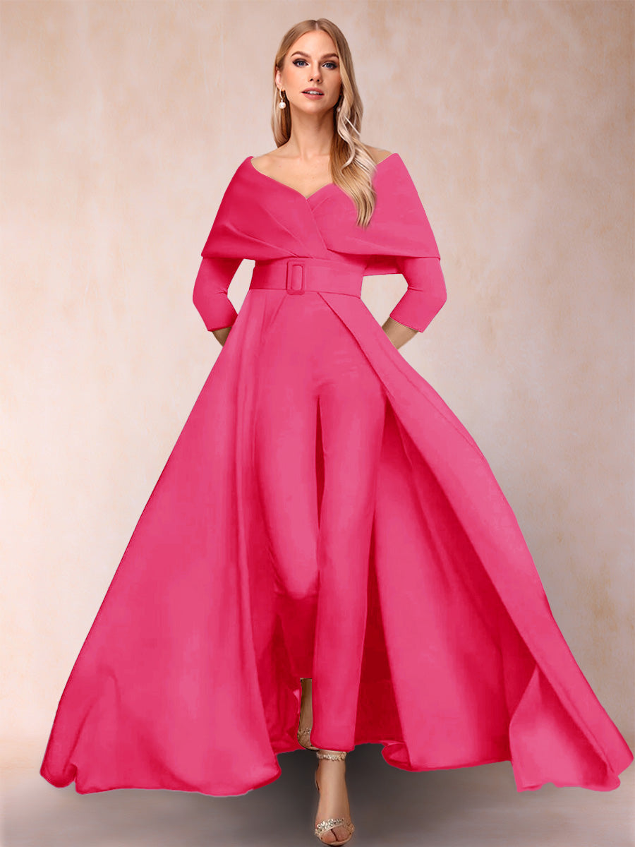 A-Line/Princess V-Neck 3/4 Sleeves 2 Pieces Pantsuits with Belt
