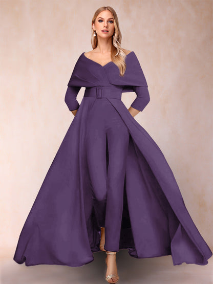 A-Line/Princess V-Neck 3/4 Sleeves 2 Pieces Pantsuits with Belt