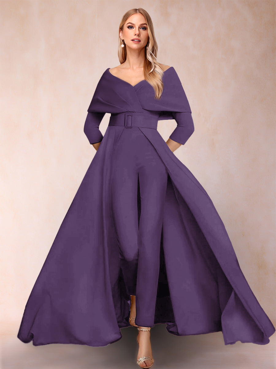 A-Line/Princess V-Neck 3/4 Sleeves 2 Pieces Pantsuits with Belt