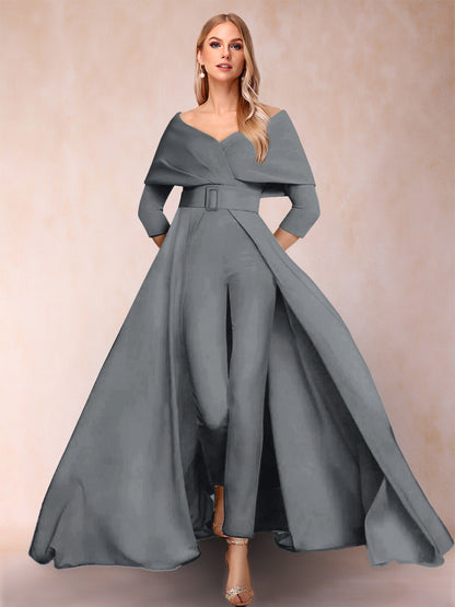 A-Line/Princess V-Neck 3/4 Sleeves 2 Pieces Pantsuits with Belt