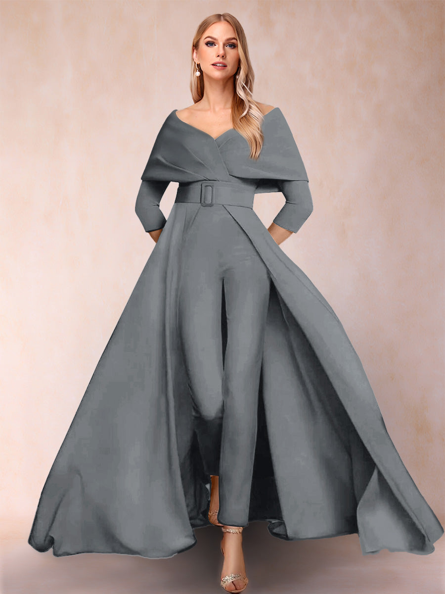 A-Line/Princess V-Neck 3/4 Sleeves 2 Pieces Pantsuits with Belt