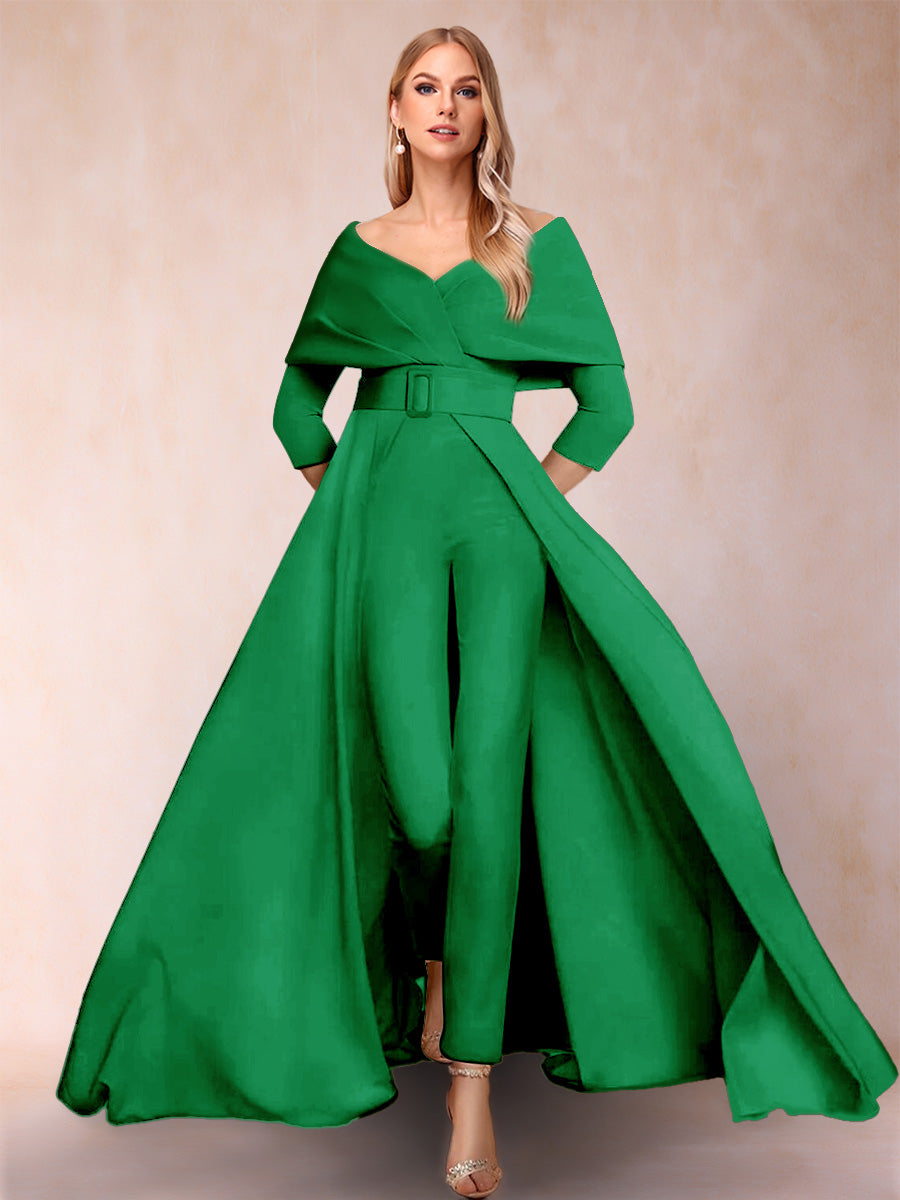 A-Line/Princess V-Neck 3/4 Sleeves 2 Pieces Pantsuits with Belt