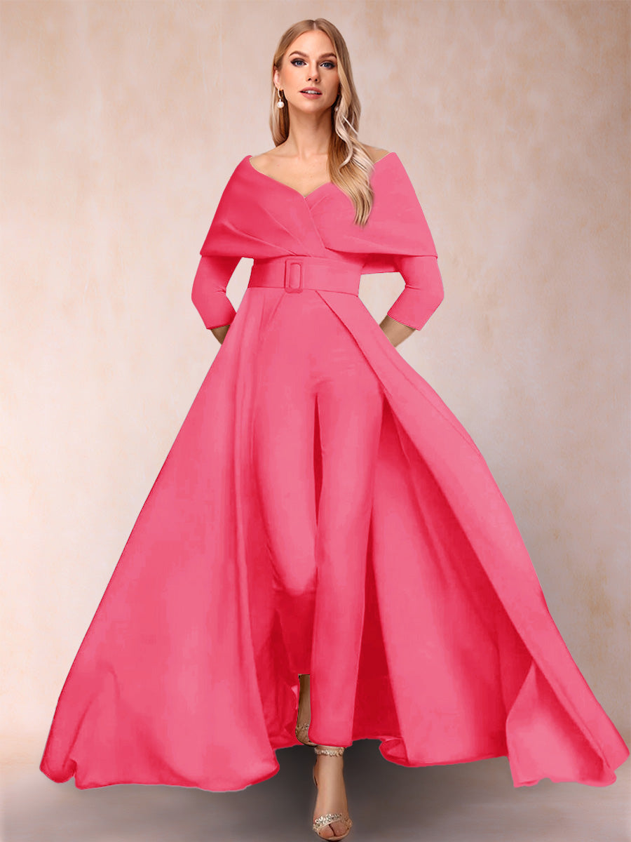 A-Line/Princess V-Neck 3/4 Sleeves 2 Pieces Pantsuits with Belt