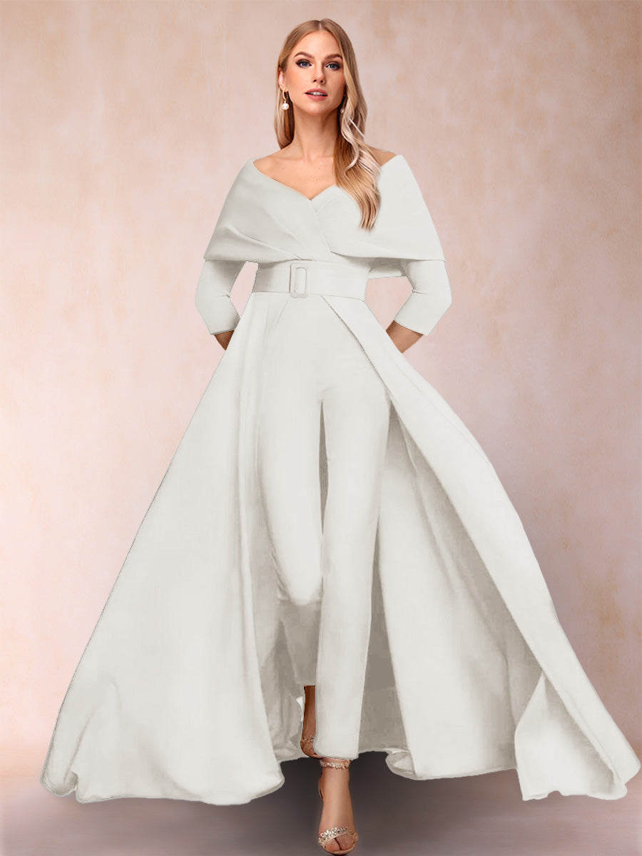 A-Line/Princess V-Neck 3/4 Sleeves 2 Pieces Pantsuits with Belt