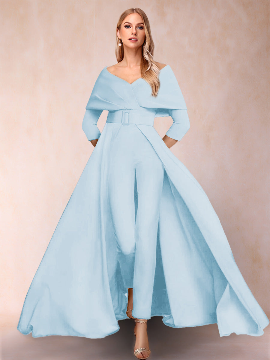 A-Line/Princess V-Neck 3/4 Sleeves 2 Pieces Pantsuits with Belt