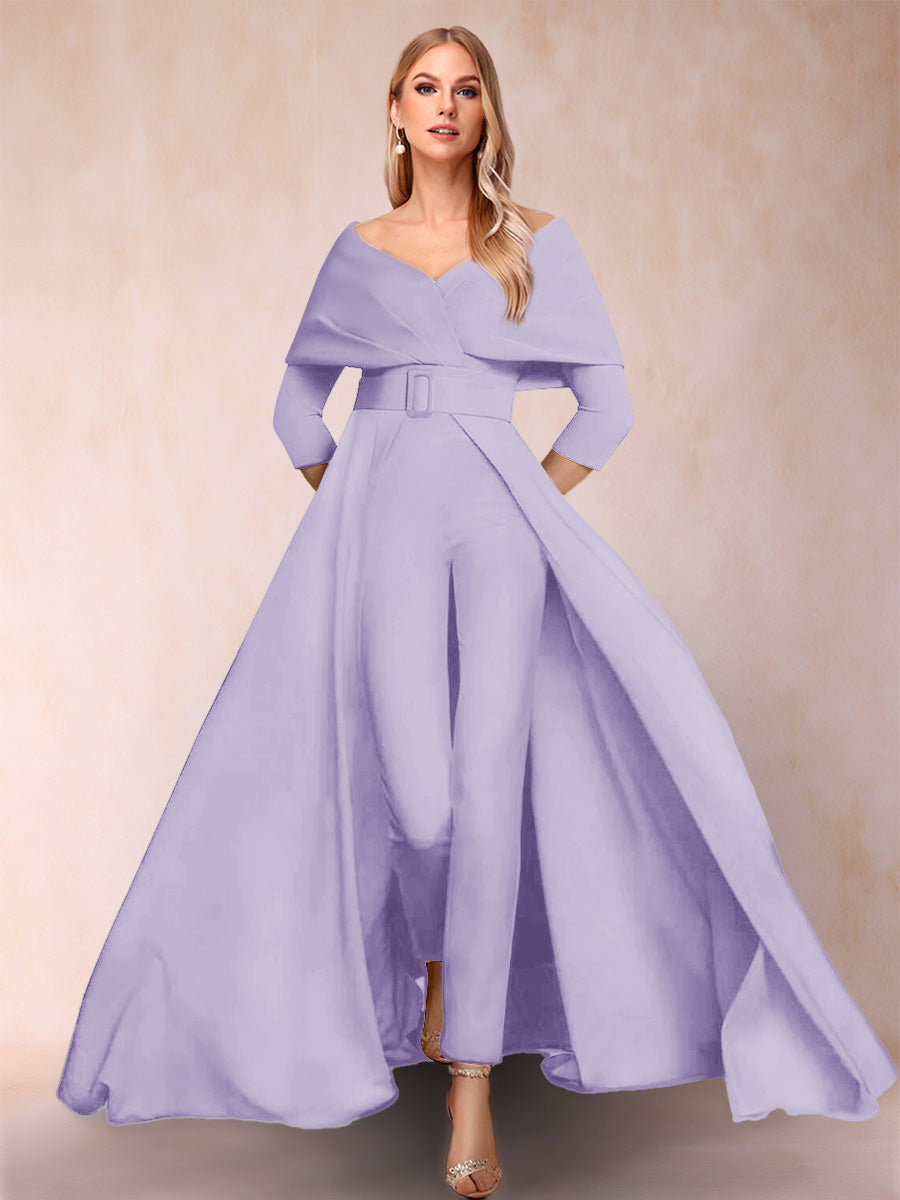 A-Line/Princess V-Neck 3/4 Sleeves 2 Pieces Pantsuits with Belt