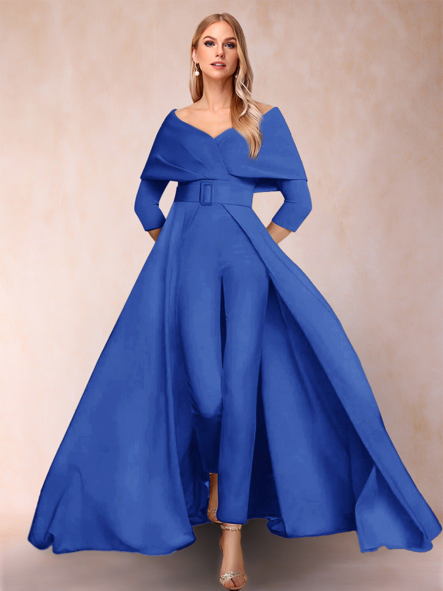 A-Line/Princess V-Neck 3/4 Sleeves 2 Pieces Pantsuits with Belt